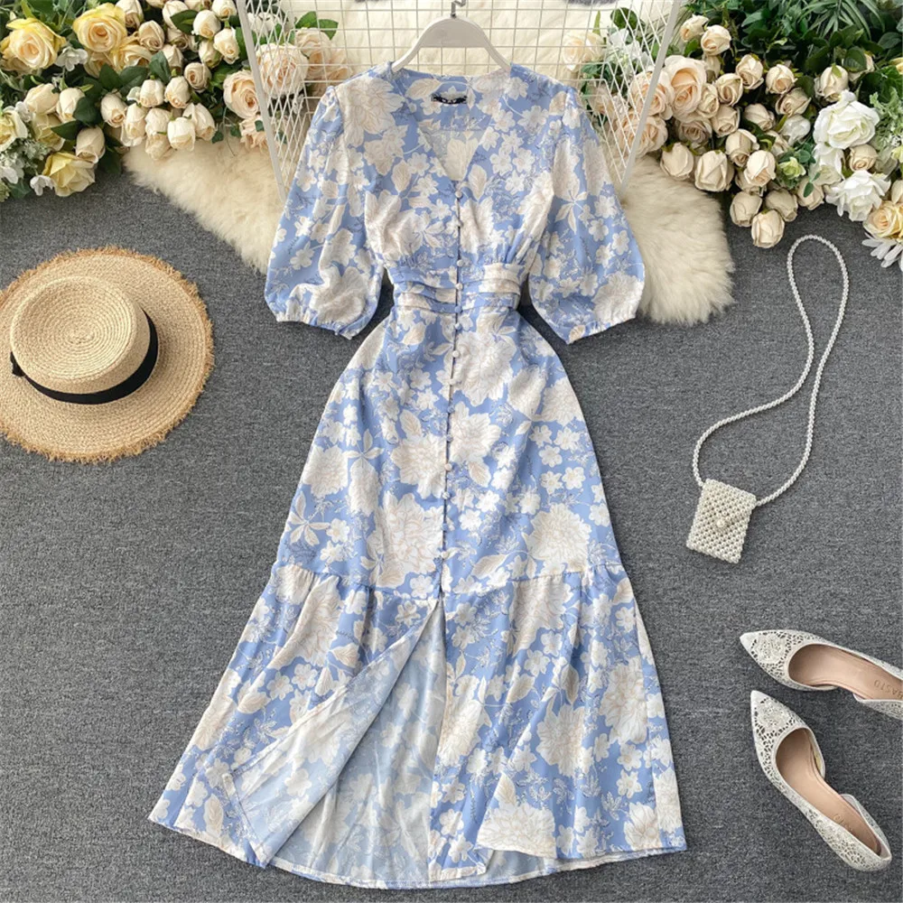 

Women Floral Blue Summer Dress Fashion Sexy High Waist Split Beach Holiday Dresses Gown Sundress Female Clothing 2021 Coisini