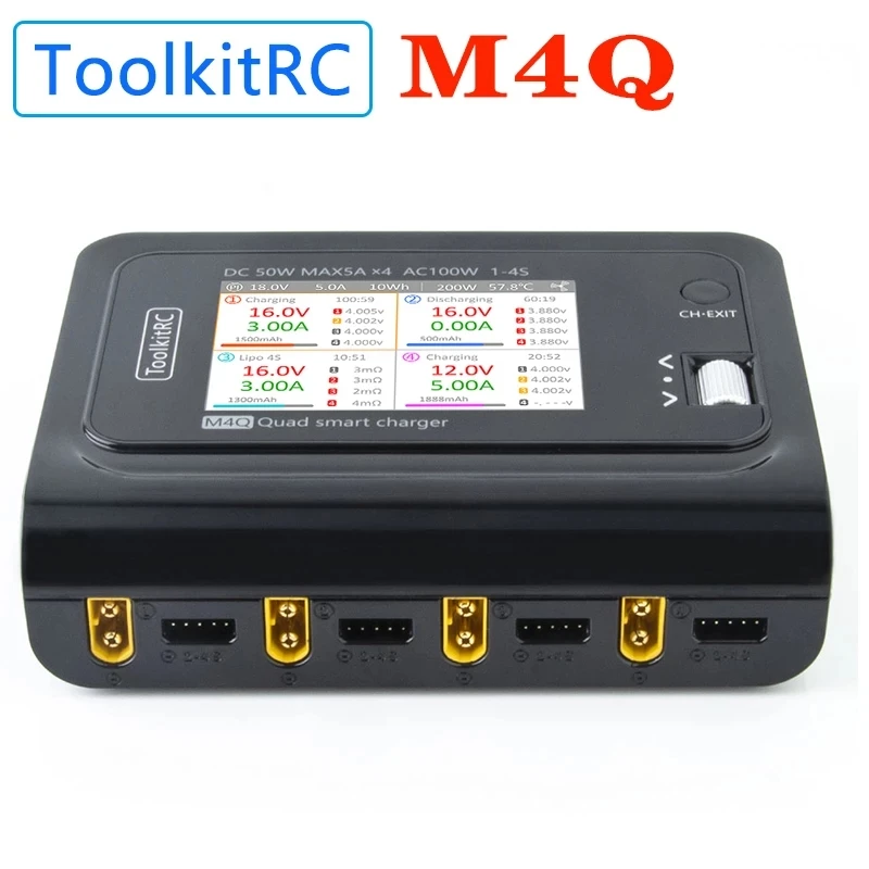 

ToolkitRC M4Q 4x50w 5A 1-4S AC 100W 4 Ports XT60 XT30 DC Smart Charger 32 Bit ARM IPS Bright Clear Wide Angle Display
