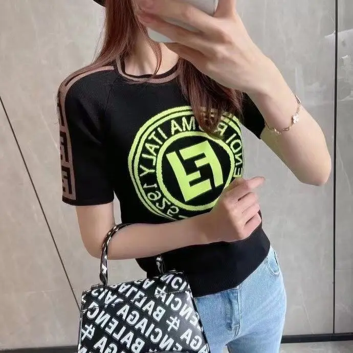 

High version 2021 new double f classic letter jacquard Korean fashion short sleeve versatile casual top