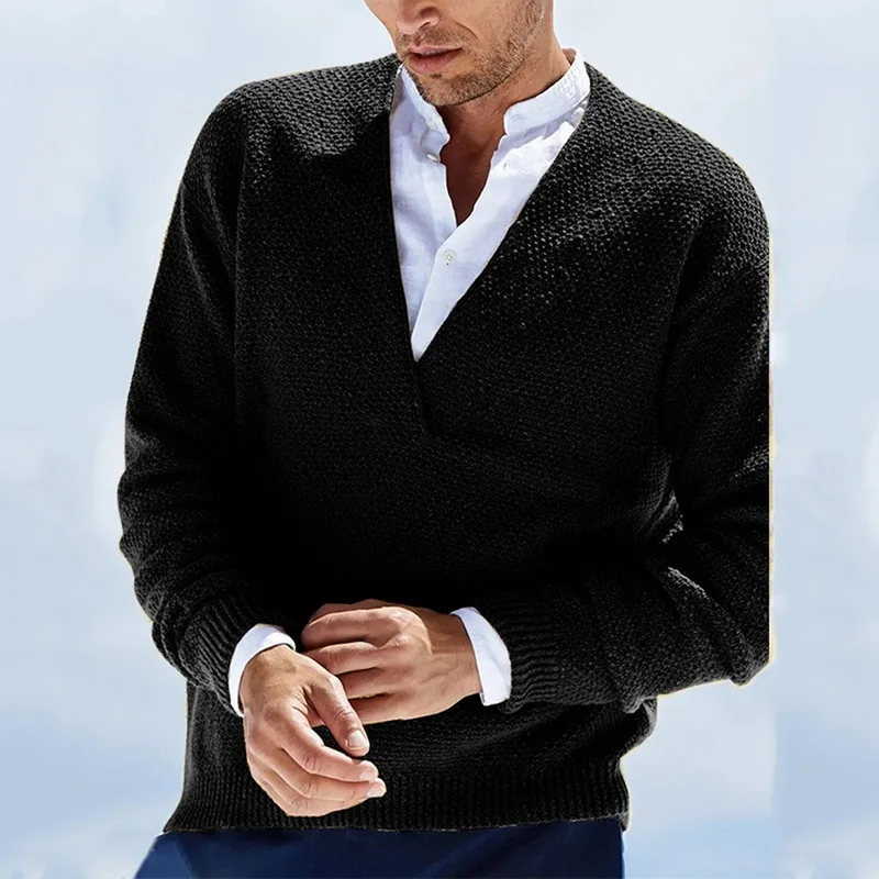 

Fall winter European and American men's pullover solid color long-sleeved V-neck knitted men's sweater sweater 2021
