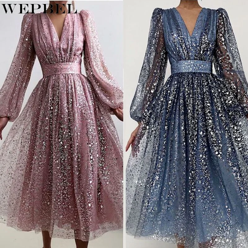 Женское вечернее платье WEPBEL, элегантное Сетчатое платье с блестками, с длинными пышными рукавами, V-образным вырезом, с завышенной талией