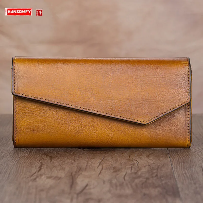 Vintage Genuine Leather Purses Women's Wallet Clutch Bag Women Retro Card Holder Long Wallets First Layer Cowhide Zipper Bag