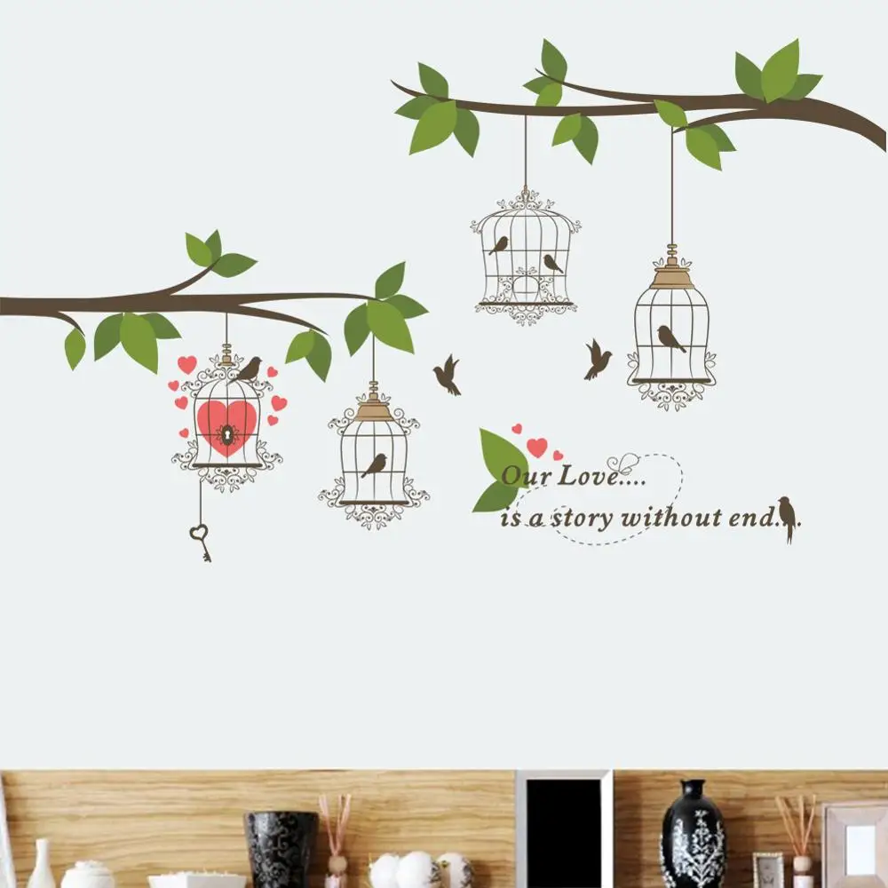 

Creative Bird Cage With Flower Tree Branch wall Sticker For Shop Office Bedroom Home Decoration Pastoral Mural Art Diy Pvc Decal