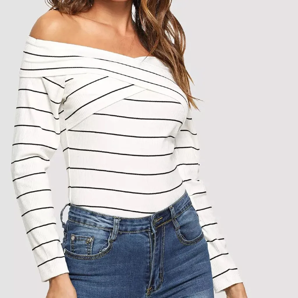 Модное платье в полоску с открытыми плечами блуза Повседневное зимняя женская