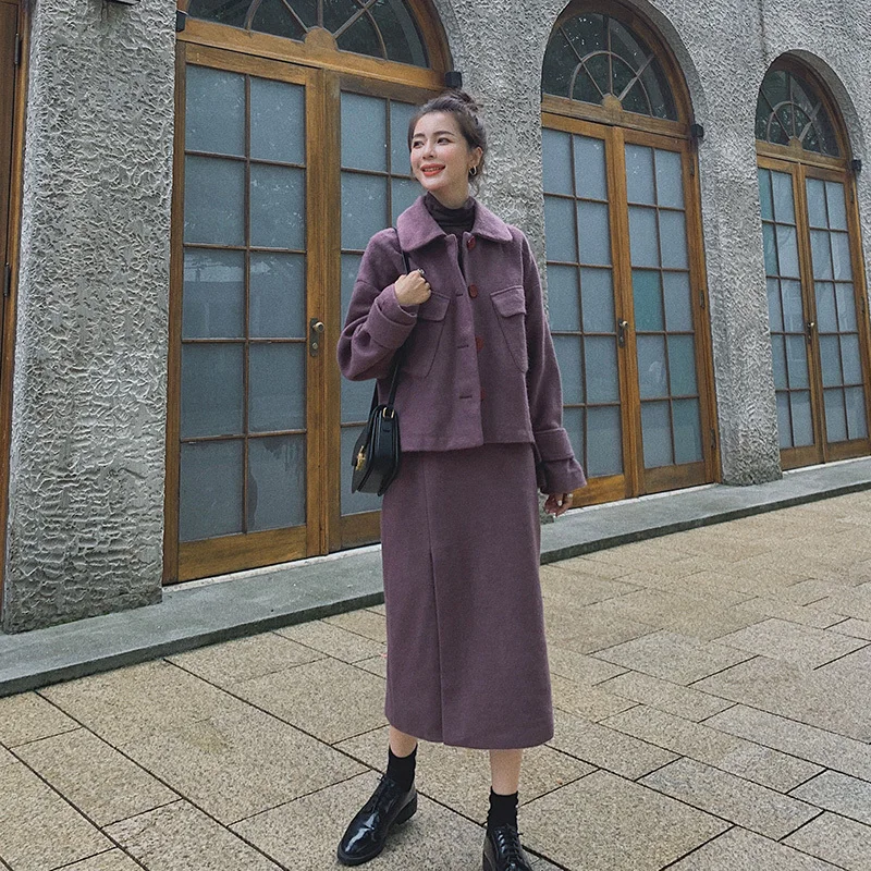 

NSMW MI 2021 Women Fashionable Casual Temperament Skirt Spring Autumn New Purple Woolen Small Jacket Personality Skirt Suit T01