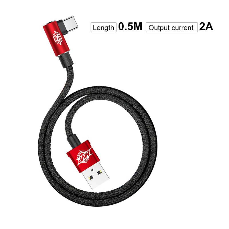Baseus кабель usb type-C 90 градусов для Xiaomi huawei P10 type-C, зарядный провод для мобильного телефона samsung S8 USB-C, кабель для передачи данных - Название цвета: Red 0.5M
