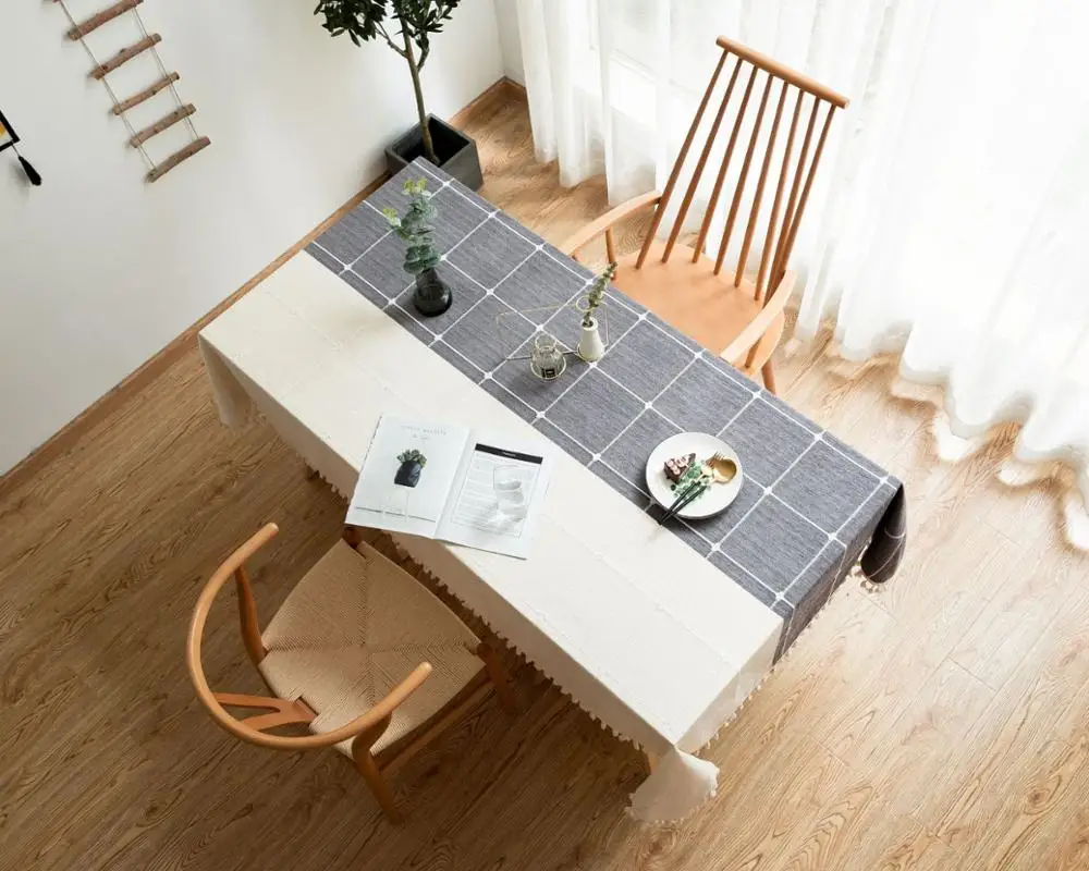 Plaid Two Tone Decorative Linen Tablecloth With Tassel Waterproof Oilproof Rectangular Wedding Dining Table Cover Table Cloth