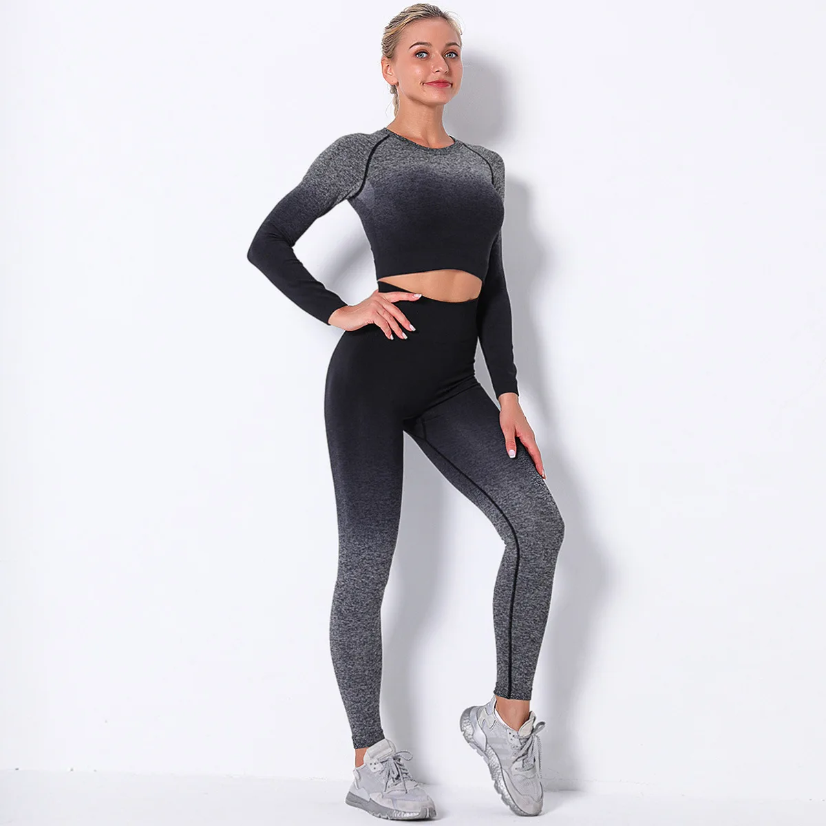 

Women Seamless Sport Set Fitness Sports Suits Gym Clothing Long Sleeve Crop Top Shirts High Waist Running Leggings Workout Pants