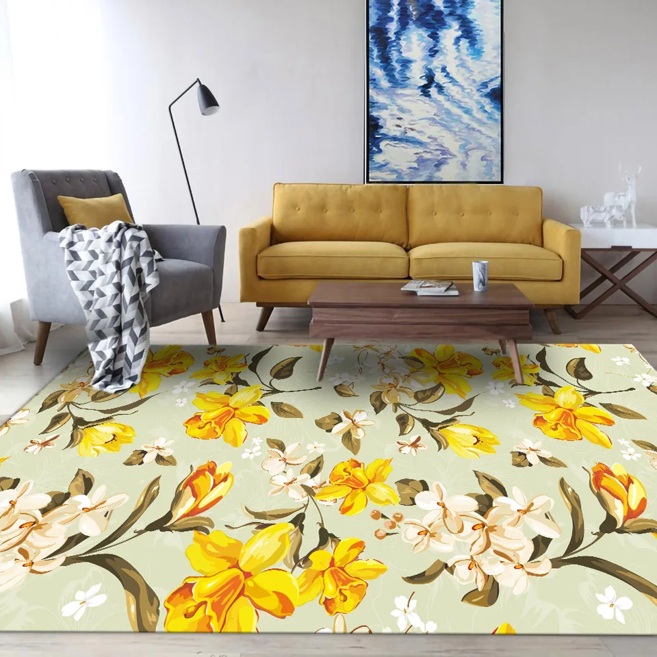 

Yellow Floral Rug For Living Room Coffee Table Carpet Flannel Non-slip Washable Floor Rug Bedroom Girl Room Carpet Decoration