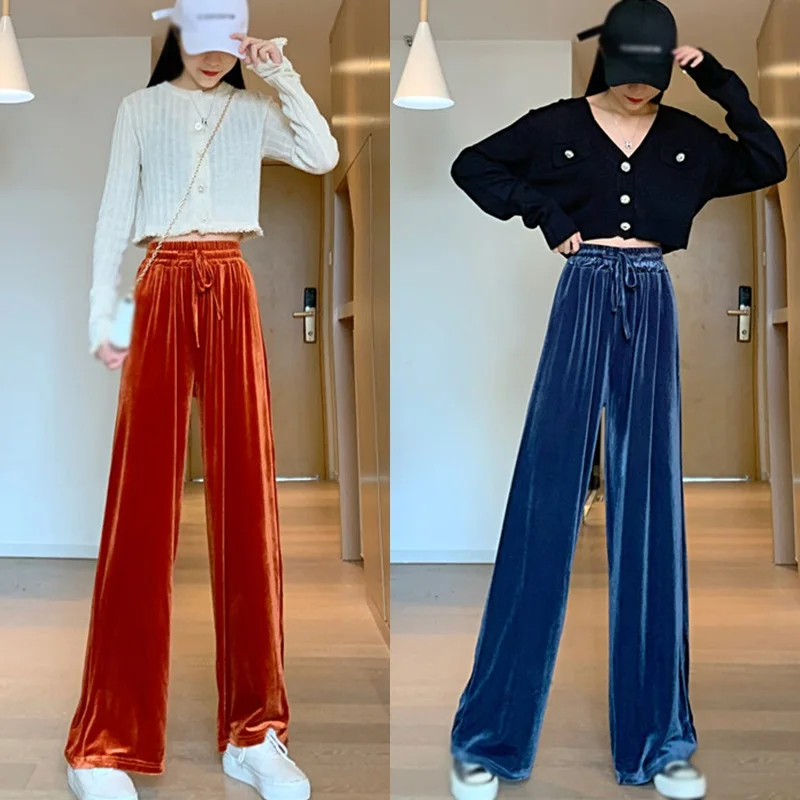 

Spring Autumn Korean Style Casual Velvet Solid Color Tie Rope Straight Wide-Leg Pants