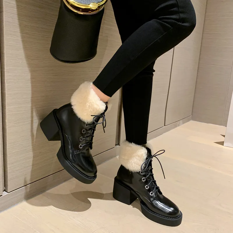 MKKHOU Fashion Short Boots Women New Genuine Leather Round Toe Lace-up Platform Boots Ladies All-Match Leather Boots Ankle Boots
