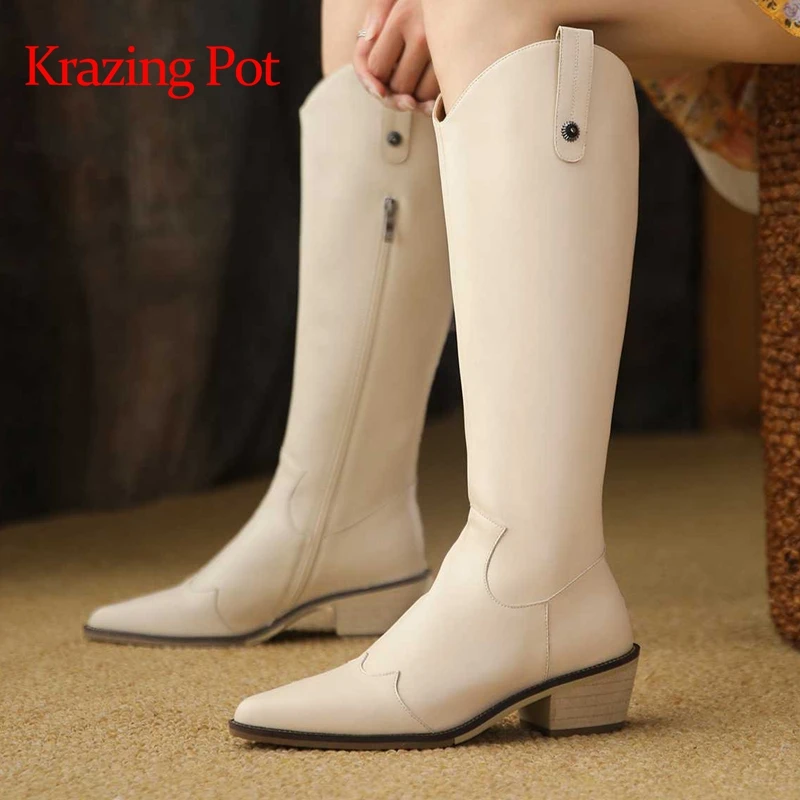 

Krazing Pot new cow split leather pointed toe high heels western boots concise style classic colors zipper thigh high boots L62