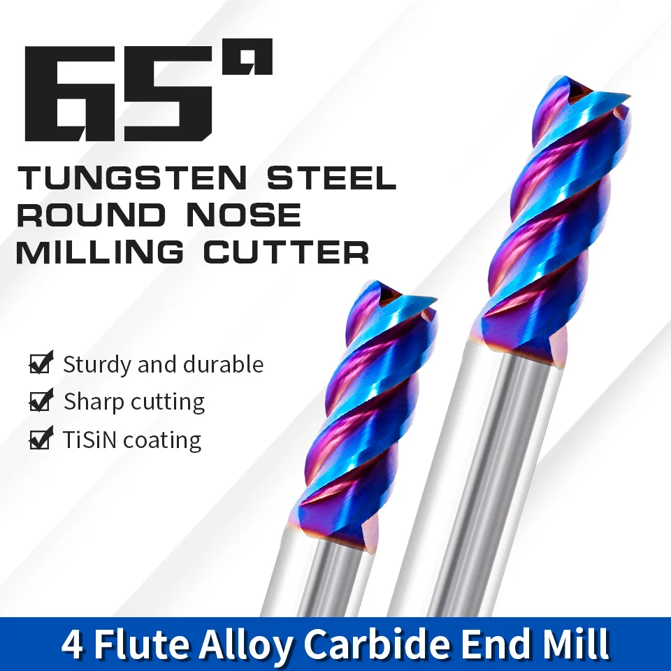 

AUGT R0.2 R0.5 R1 HRC65 Tungsten Carbide Corner Radius End Mill CNC Milling Nose Radius Cutters Meteal Milling Tools 4Flutes