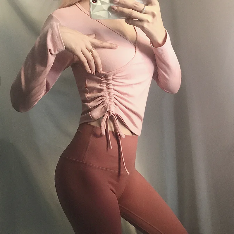 Спортивный топ Oyoo Pink Draw String черные футболки для бега с длинным рукавом хлопковый