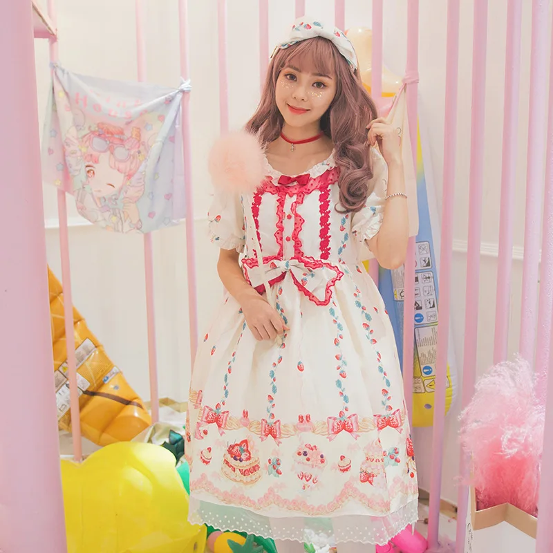 

Kawaii Strawberry Angel LOLITA Princess dress Japanese Sweet Lady High Waist Bow OP Lolita Dress women