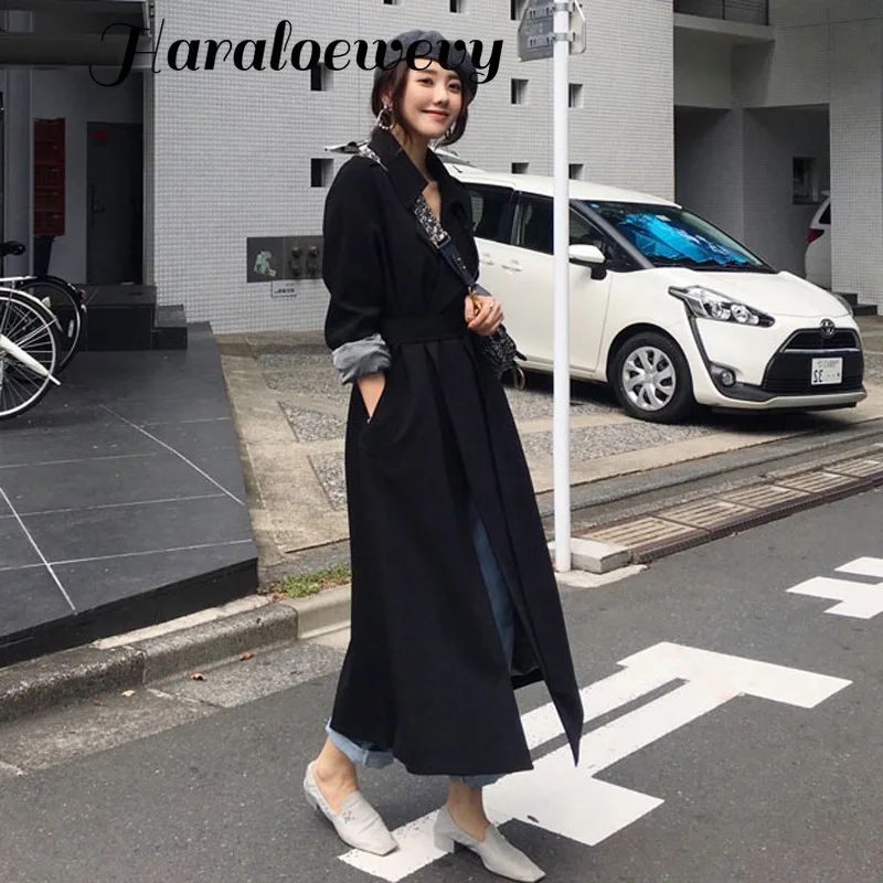 Женское длинное пальто с отложным воротником в стиле Харадзюку черный и бежевый