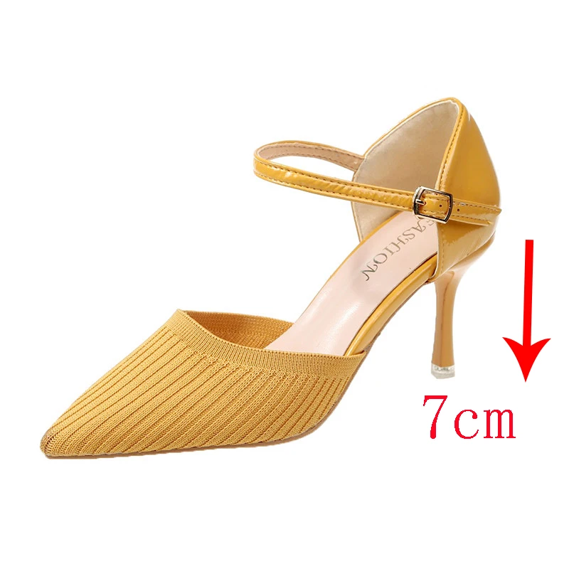 

2019 Women Sandals Thin Heels Pointed Toe Shoes Yellow Wedding Bridals Shoes Size 40 Cotton Farbic 7cm High Heel Sandals