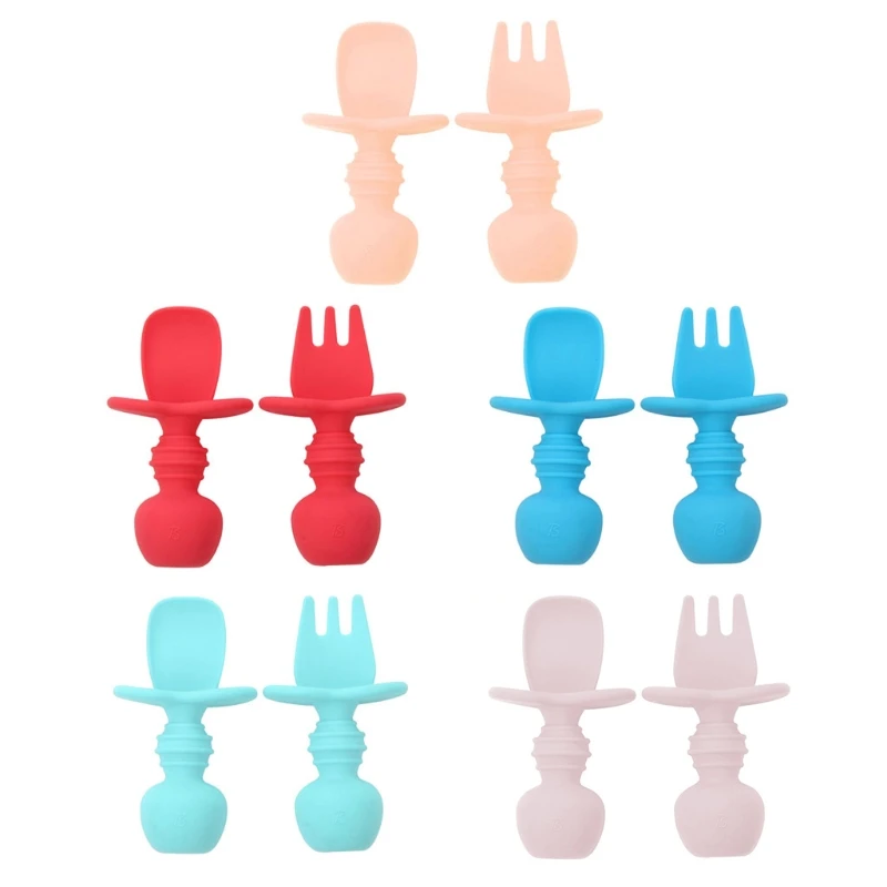 

Baby Feeding Spoon Fork Set Soft Silicone Feeding Flatware Safe Training Spoon