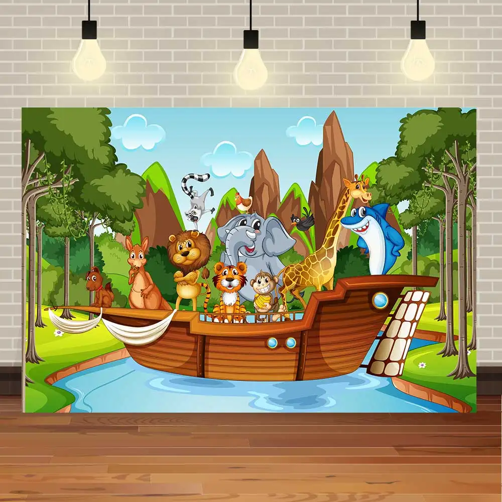 

NeoBack Happy Birthday Baby Shower Cartoon Wild Animal Rainforest Pirate Ship Party Banner Photo Backdrop Photography Background