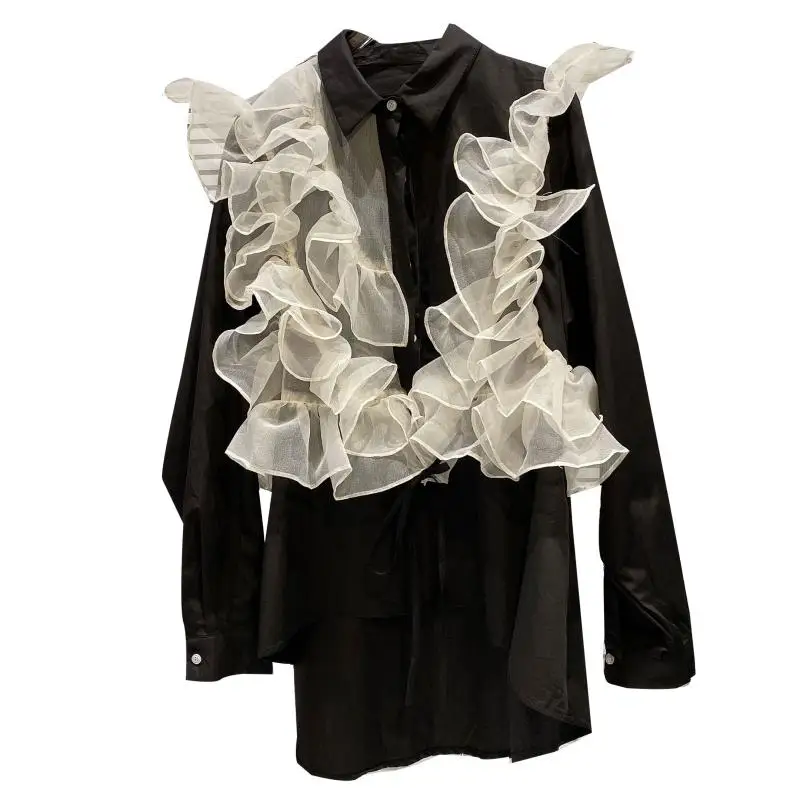 

2021 Summer New Fashionable Mesh Lace Women Blouse Drawstring Belt Long Sleeves Outerwear Shirt Female Black Shirt