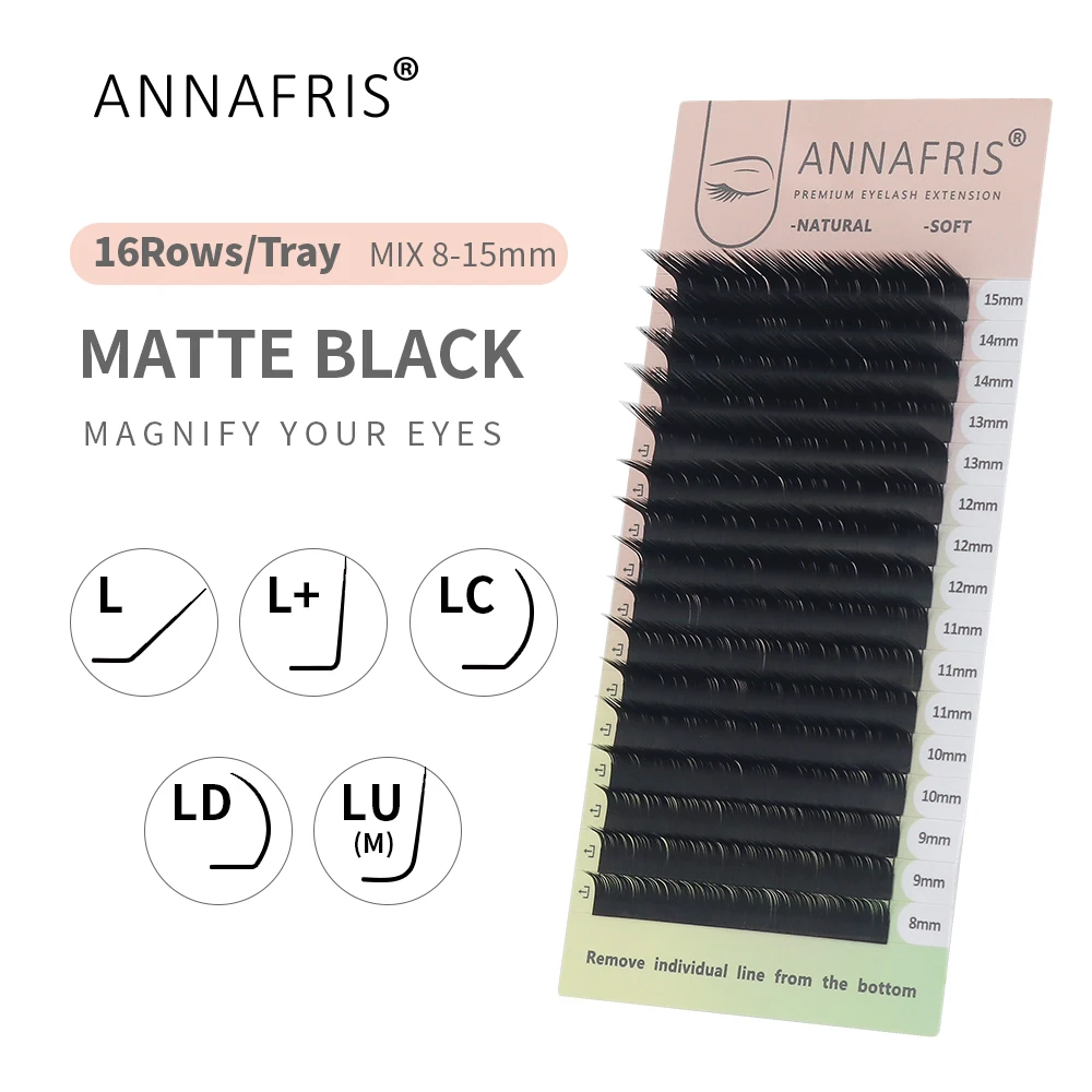 

ANNAFRIS 16rows 8~15mm Mixed L-Shaped Eyelashes Extension Natural Soft Mink Matt Black L/L+/LC/LD/LU(M) Curl Individual Lashes
