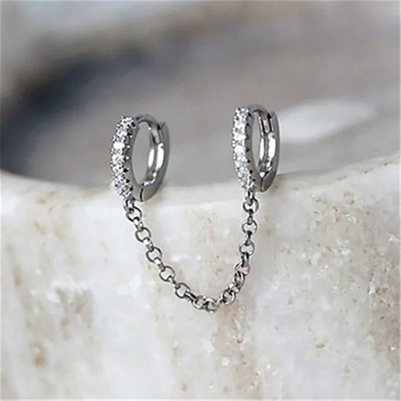 

1 PCS Hot Sale Two Hole Piercing Earrings for Women Brilliant Crystal Zircon 3 Metal Color Chain Earring Party Jewelry