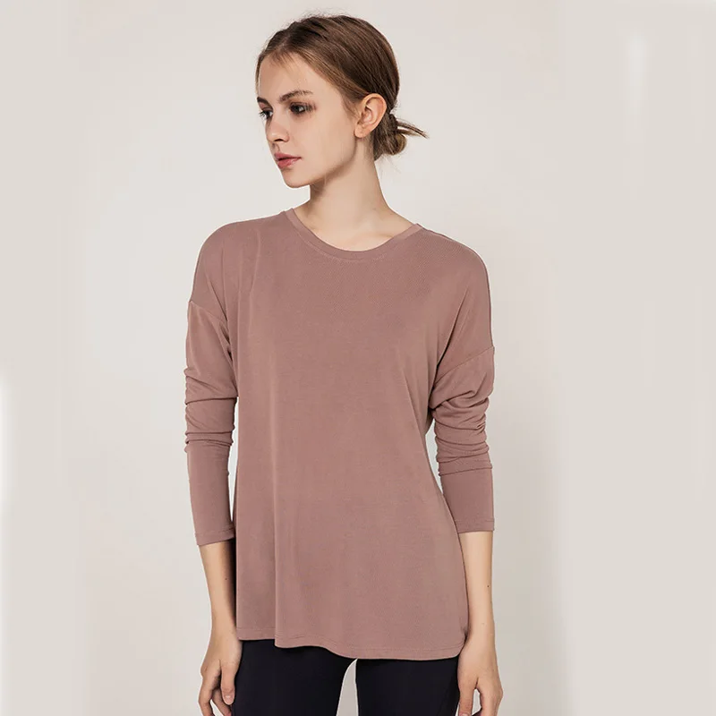 Dark Pink Long Sleeve Women Yoga Tops Open Back Running Clothes Pilates Loose Workout Sportswear Quick Dry Dance Shirts for Gym Fitness - Цвет: Dark Pink
