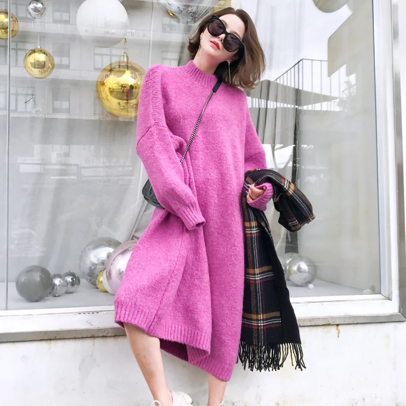 Осенне-зимнее Новое вязаное Хлопковое платье Толстый Пуловер свободный