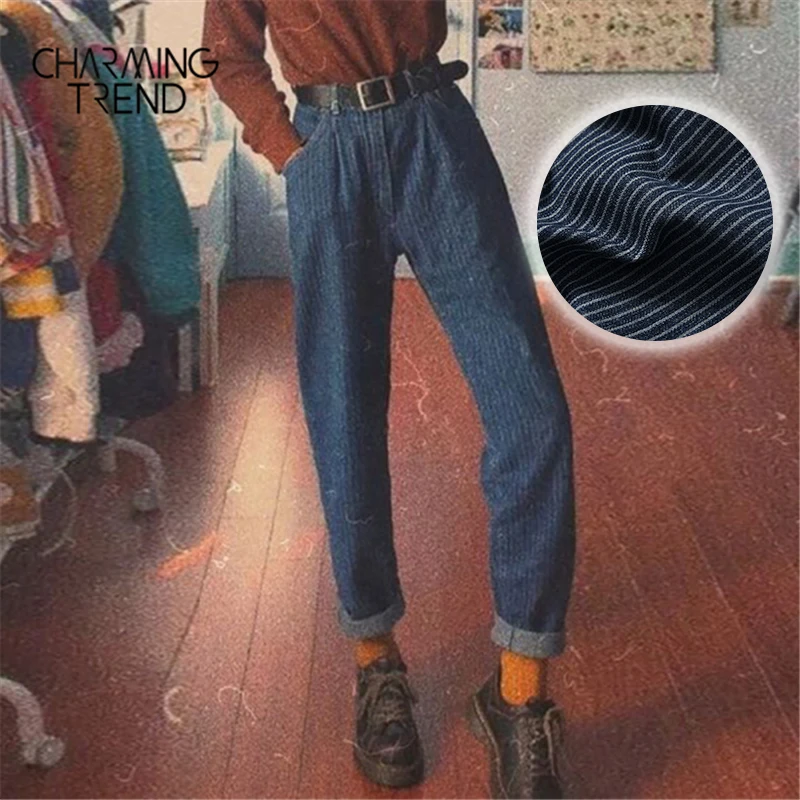 Женские джинсы в полоску Charmingtrend повседневные синие брюки со средней талией и
