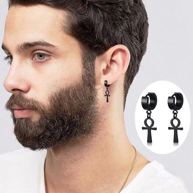 

Drop Cross Earring Mens Egyptian Ankh Michael Hang Dangle Earrings Black Stainless Steel Male Punk Jewelry