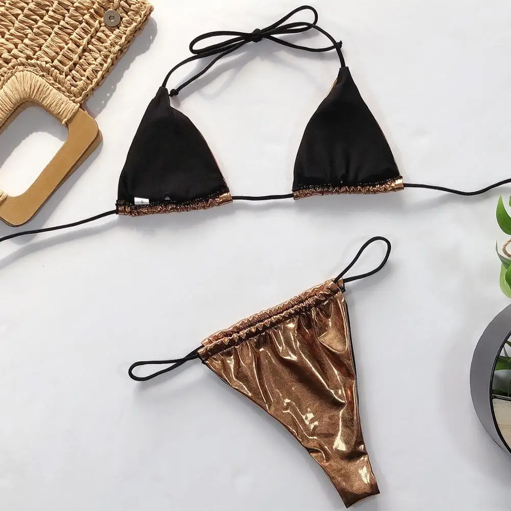 

Solid Bikini Set Brazilian 2020 Thong Bikini PU Swimwear Strappy Sexy Bathing Suits Women Bandage Micro Biquini Female Shiny