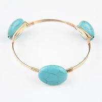 fyjs unique light yellow gold color alloy stackable oval shape green turquoises stone bangle ethnic jewelry