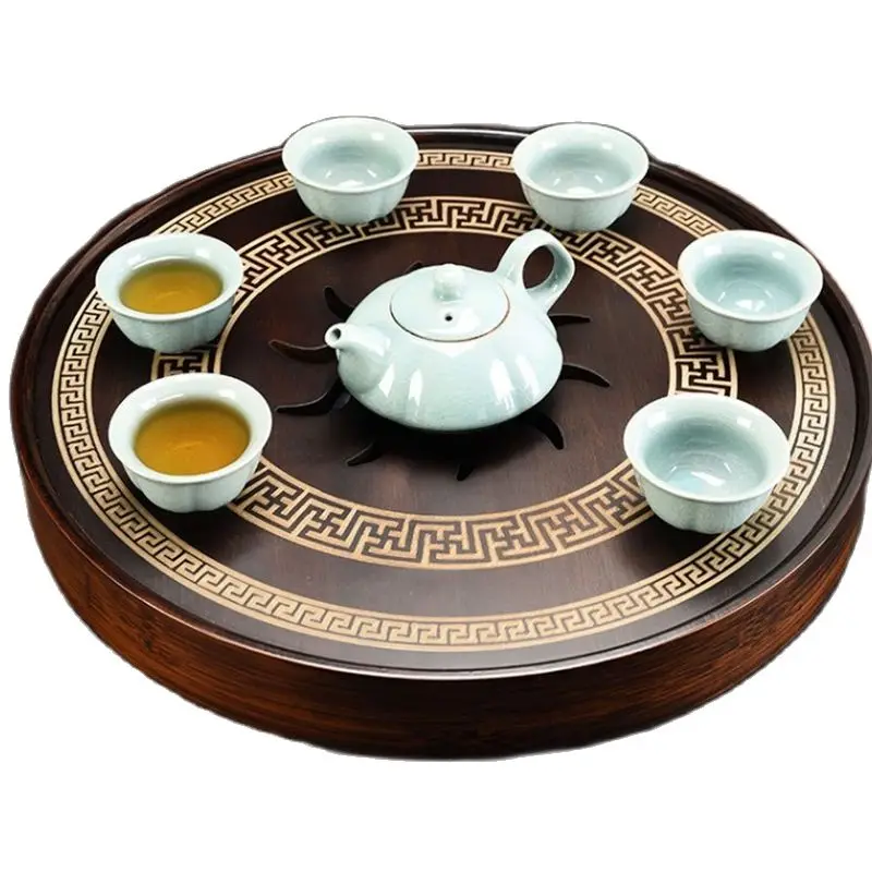 

Ceramic Tea Cups Teapot Set Round Tea Plates Bamboo Wood Tea Tray Hollow Sunflower Water Storage Tea Dish Kung-Fu Tea set Gifts