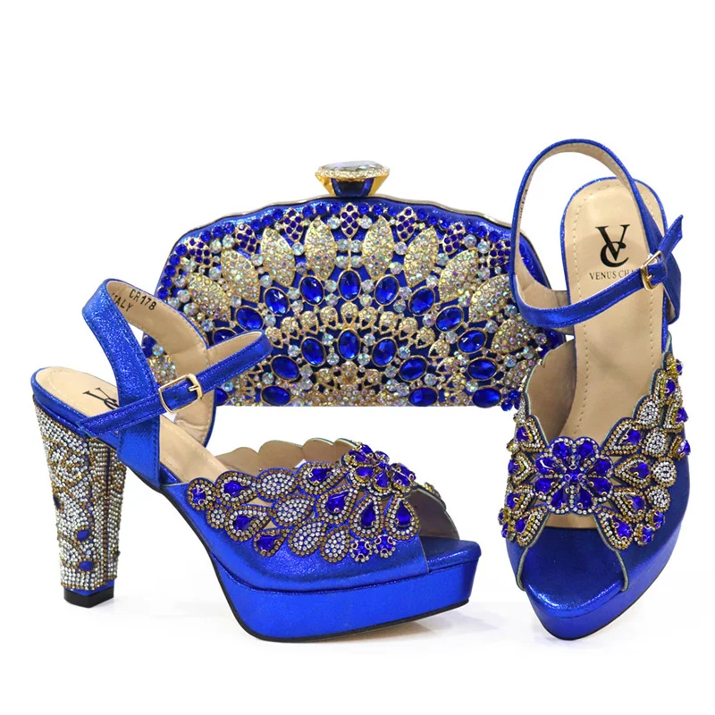 

PEIRESA 2022 New Arrival Italian Lace-Up High Heels With Matching Bag For Woman African Shoes and Bag Sets In Blue Color H206