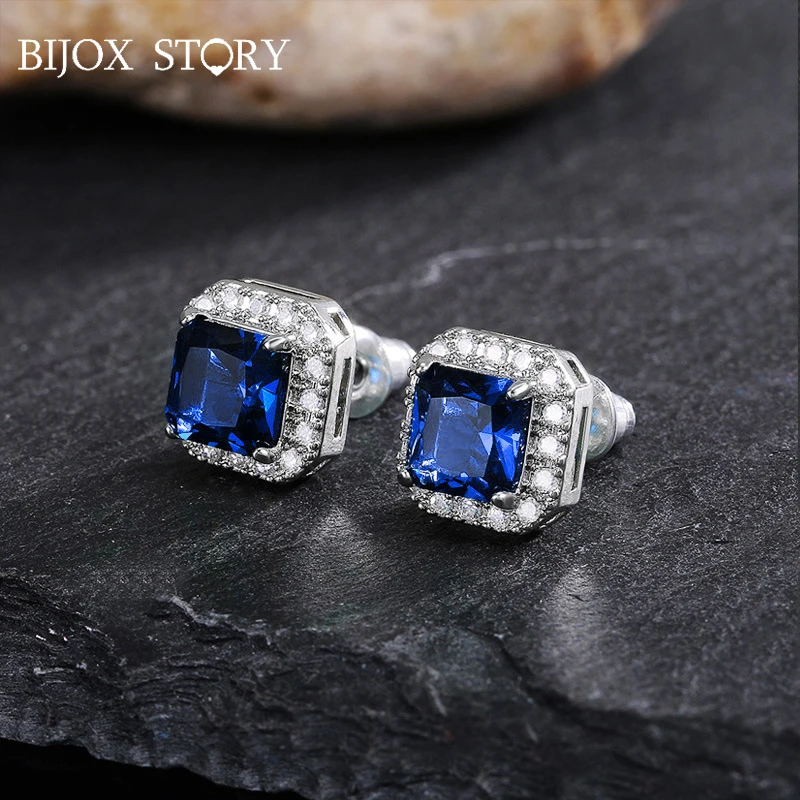 

BIJOX STORY Zircon Stud Earrings For Women 925 Sterling Silver White Blue Green Square Rectangle Anniversary Engagement Jewelry