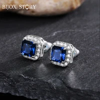 bijox story zircon stud earrings for women 925 sterling silver white blue green square rectangle anniversary engagement jewelry