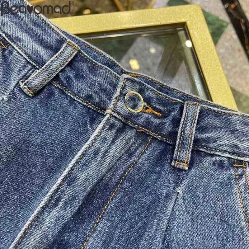 Bearomad Brand Designer 2021 Summer Women Blue Denim Shorts High Waist Moderate Washing Straight Type Bottoms Female Jeans