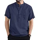 Мужская Повседневная рубашка, с воротником-стойкой, с коротким рукавом, однотонная, с карманами, свободная, летняя