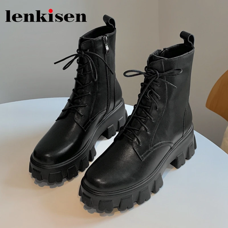 

Lenkisen genuine leather round toe thick bottom riding boots cross-tied handsome young lady streetwear fashion ankle boots L11