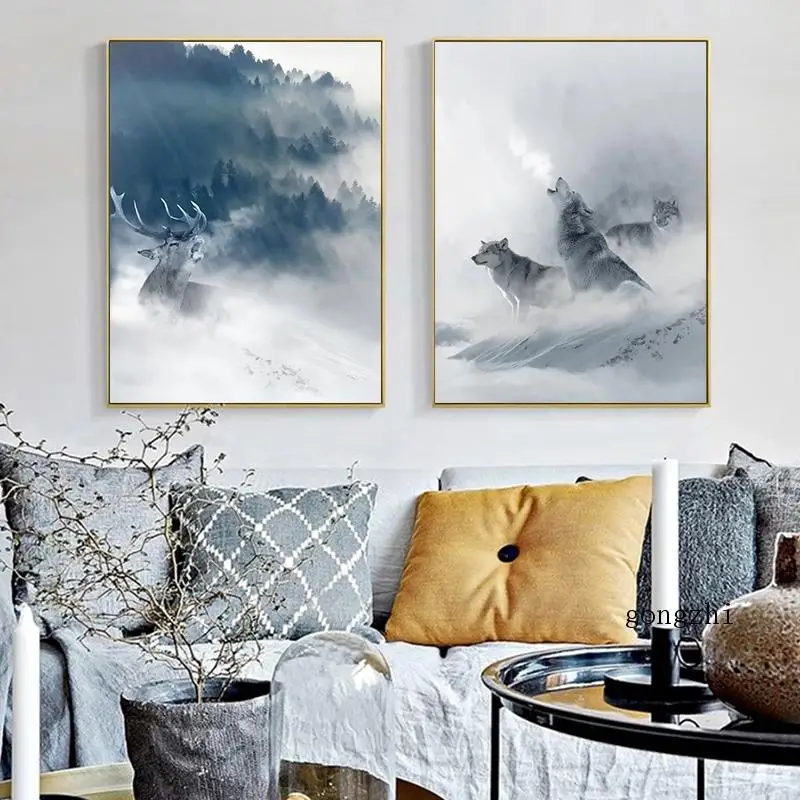Синий лес снег гора плакат волк фотообои и принты Современная Минималистичная