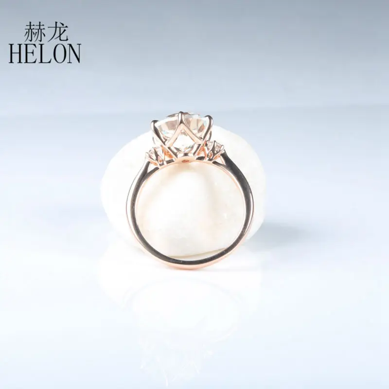 

HELON Special! Solid 10k Rose Gold 10mm Round Three stone 100% Genuine Natural white topaz Romantic Engagement Fine Jewelry Ring