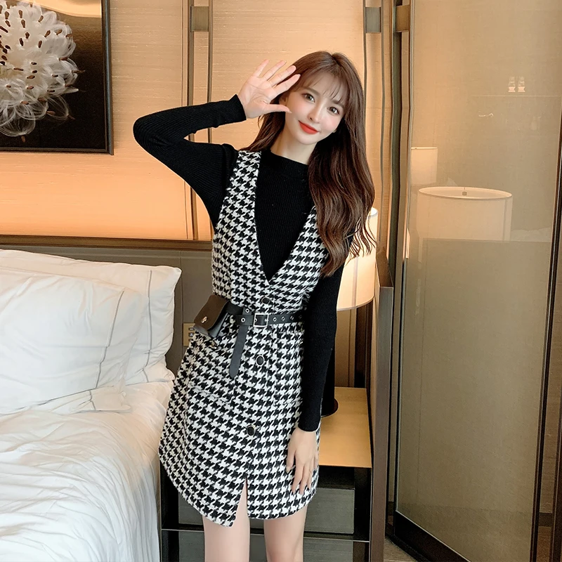 

Runway Fashion French Super Stretch Knitted Bottoming Shirt + Houndstooth Retro Bleted V-Neck Tweed Dress Two Piece Set Suit