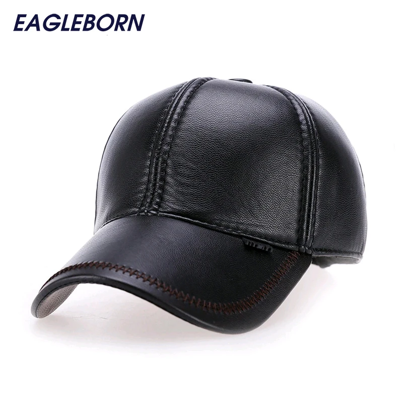 NEW Fashion Leather Baseball Cap Men Thicken Fall Winter Hats with Ears 6 Panel Keep Warm Leather Cap Male Hats Bone Casquette