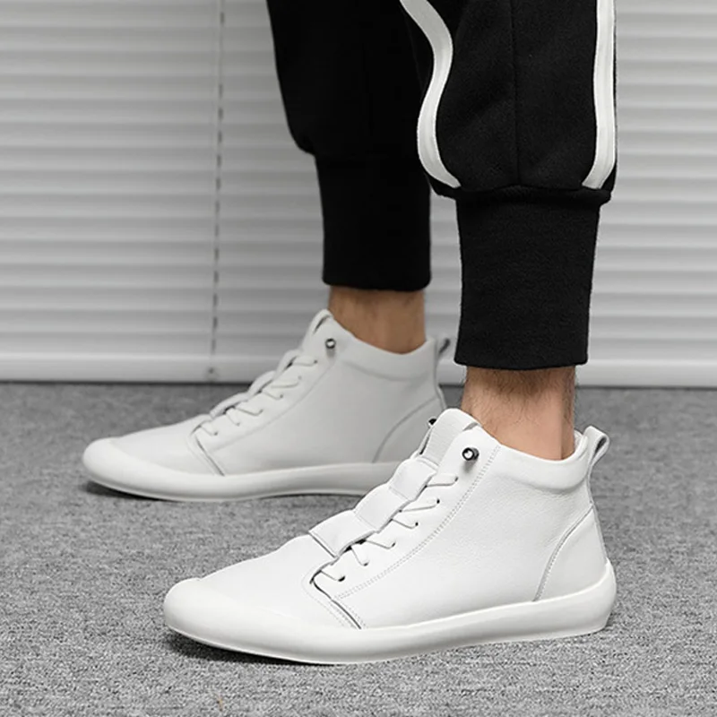 

100% Genuine Leather Shoes Men High top Sneakers Fashion Men White Shoes Cool Street Young Man Footwear Male Sneakers KA2032