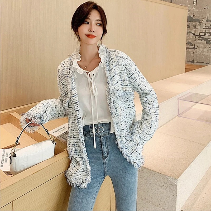 Новые Женские Зеленые Синие твидовые клетчатые куртки с кисточками 2019 осенне