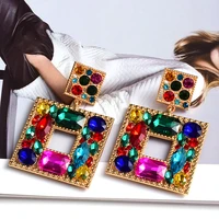 new design square metal colorful crystal dangle drop earrings high quality fashion glass pendant jewelry accessories for women