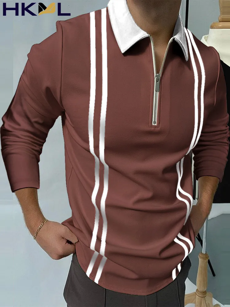 

Male Casual Zip-up Turn-down Collar Polo Shirts Vintage Casual Men's Slim Polo Shirt Fashion Patchwork Striped Long Sleeve Tops