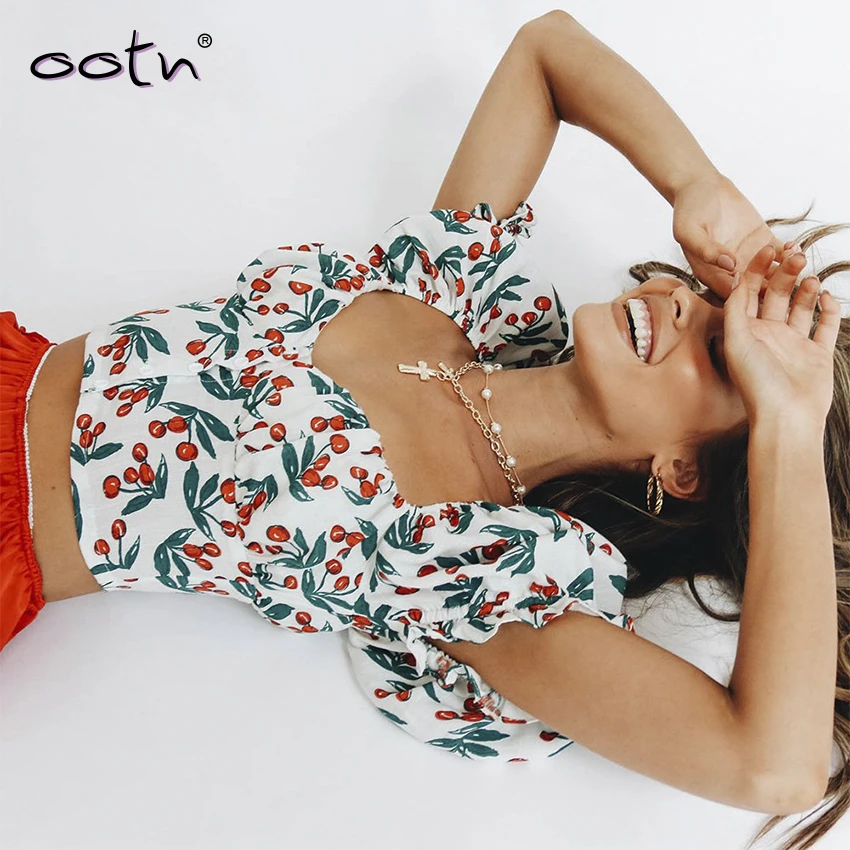 Сексуальный укороченный топ с вишневым цветочным принтом женская рубашка