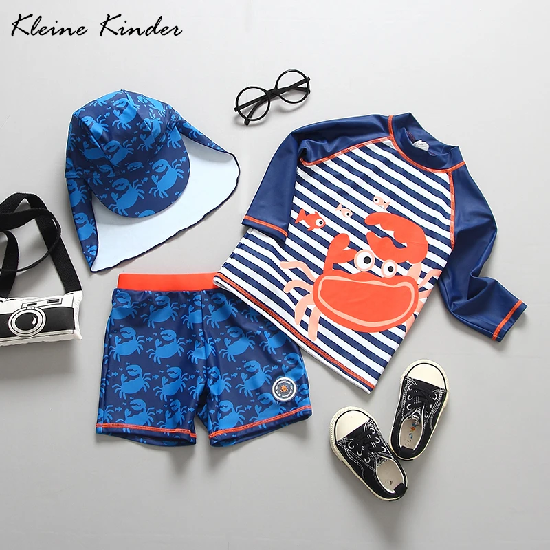 UPF50+ Children's Swimming Suit for Boys Crab Print Three Pieces Swimsuit Boy Long Sleeve Rash Guards Toddler Kids Bathing Suits | Спорт и