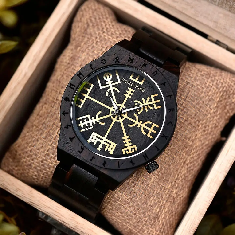 Мужские наручные часы BOBO BIRD Wood Runic Circle с золотым рулем Awe или Vegvisir Прямая